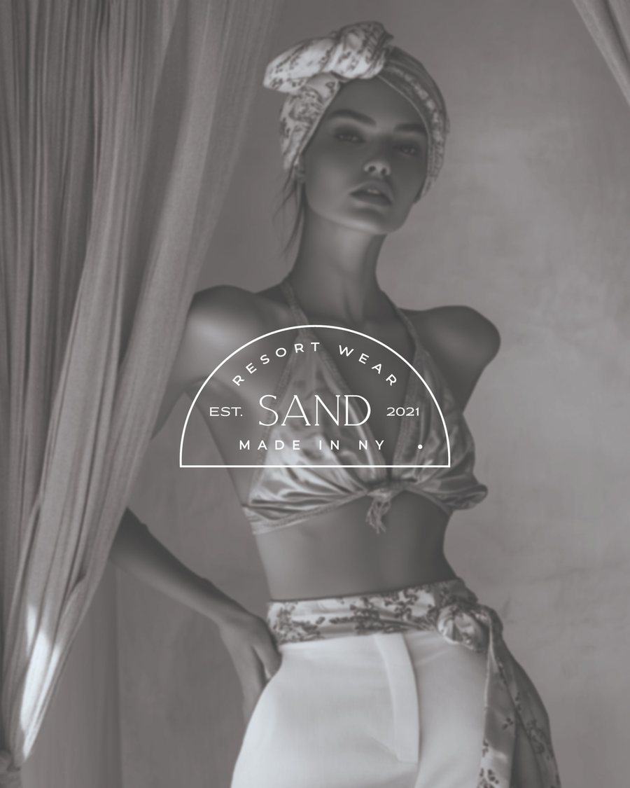 Sand resort wear logo over a black and white portrait