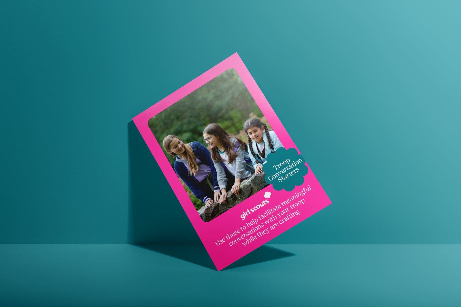 Girl Scouts troop card on teal
