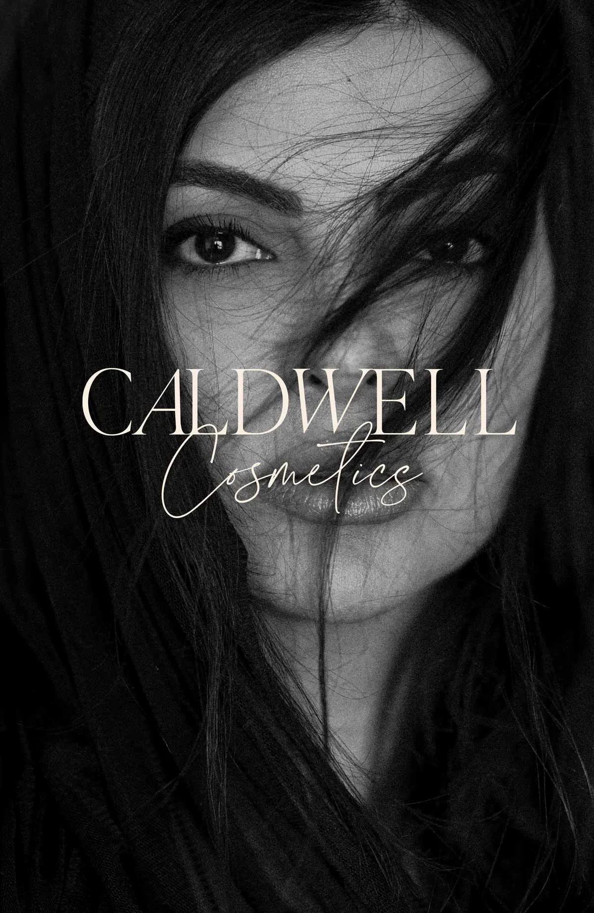Caldwell Cosmetics wordmark over a black and white portrait